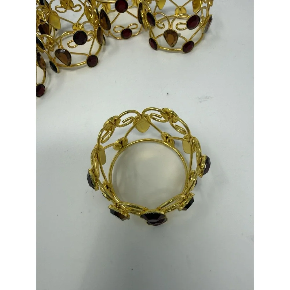 6 Pier One Imports Jeweled Napkin Rings Red & Amber Set In Gold Tone Metal